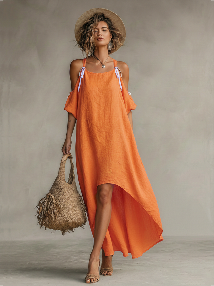Marabella | Women’s Linen High-Low Cold Shoulder Maxi Dress