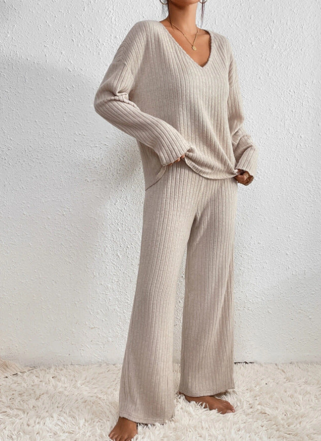 Elodie | Ribbed Knit V-Neck Jumper & Trouser Set