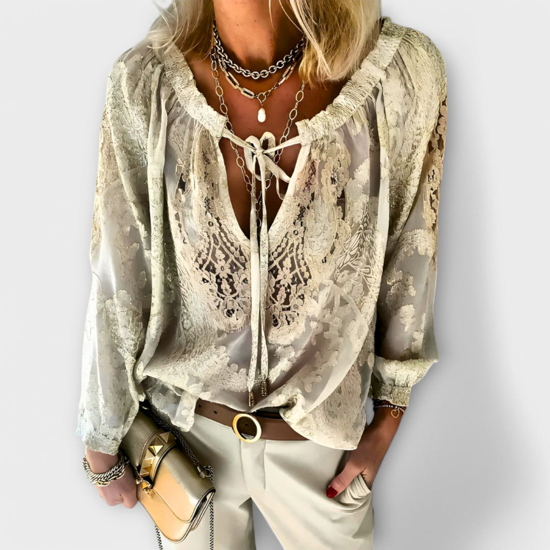 Sandra | Women's Lace Overlay Blouse V-Neck Tie Front