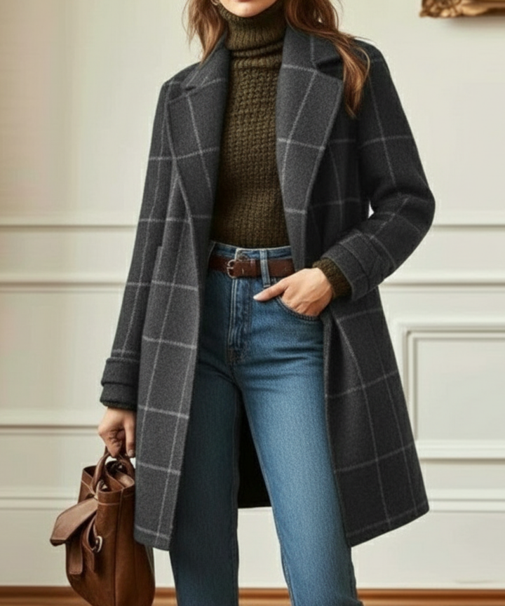 Lora | Women's Checked Long Coat with Lapel Collar