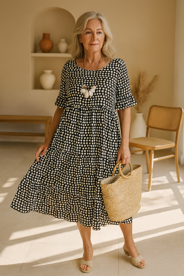 Iris | Sable Polka Dot Midi Dress