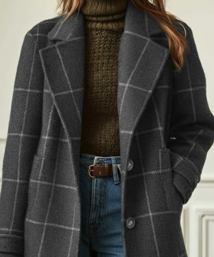 Lora | Women's Checked Long Coat with Lapel Collar