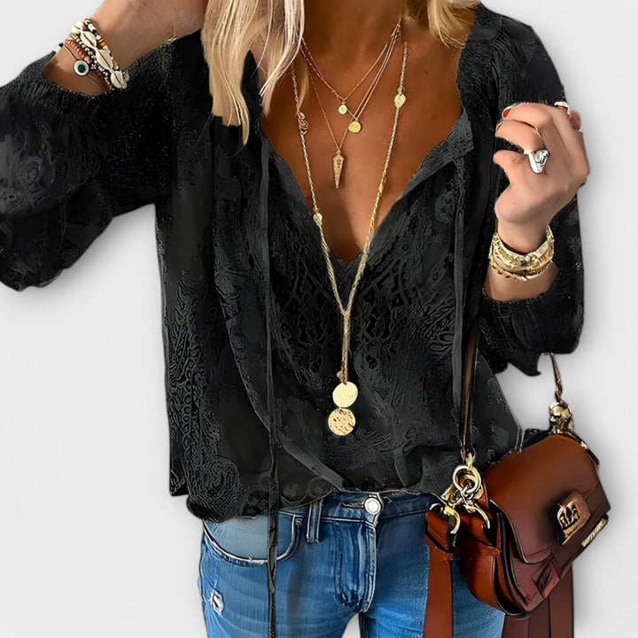 Sandra | Women's Lace Overlay Blouse V-Neck Tie Front