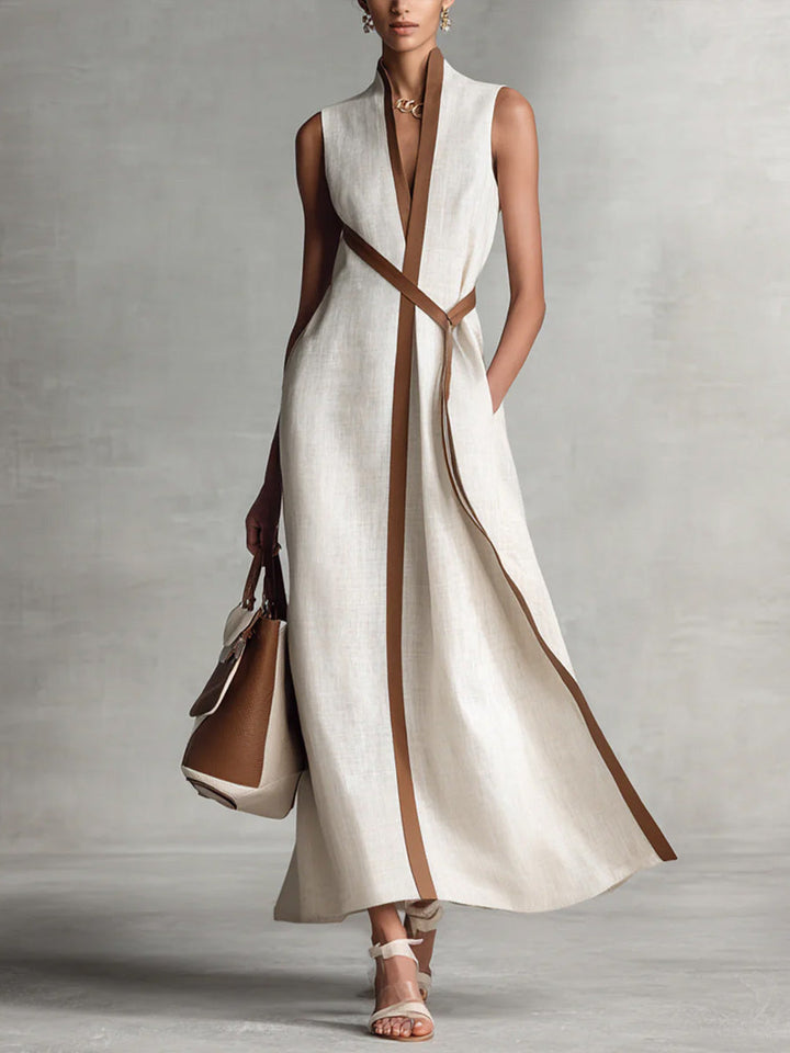 Georgina | Women’s Sleeveless Contrast-Trim Belted Maxi Dress