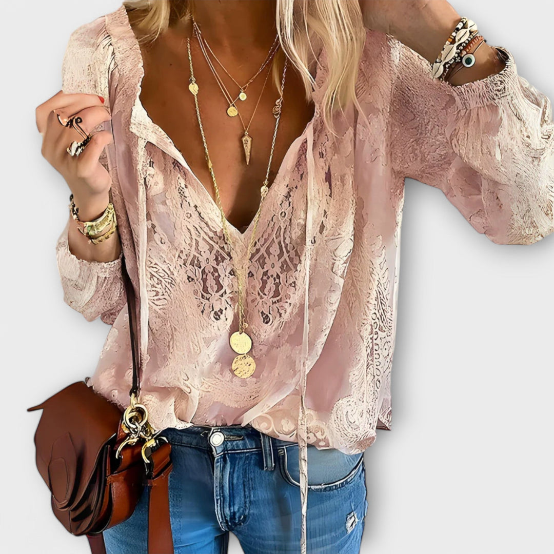 Sandra | Women's Lace Overlay Blouse V-Neck Tie Front