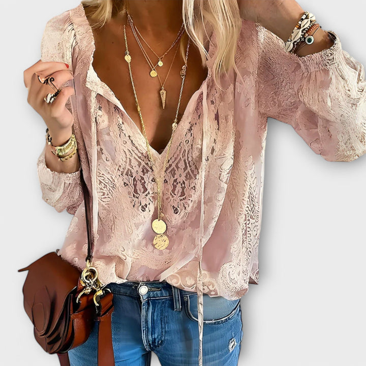 Sandra | Women's Lace Overlay Blouse V-Neck Tie Front