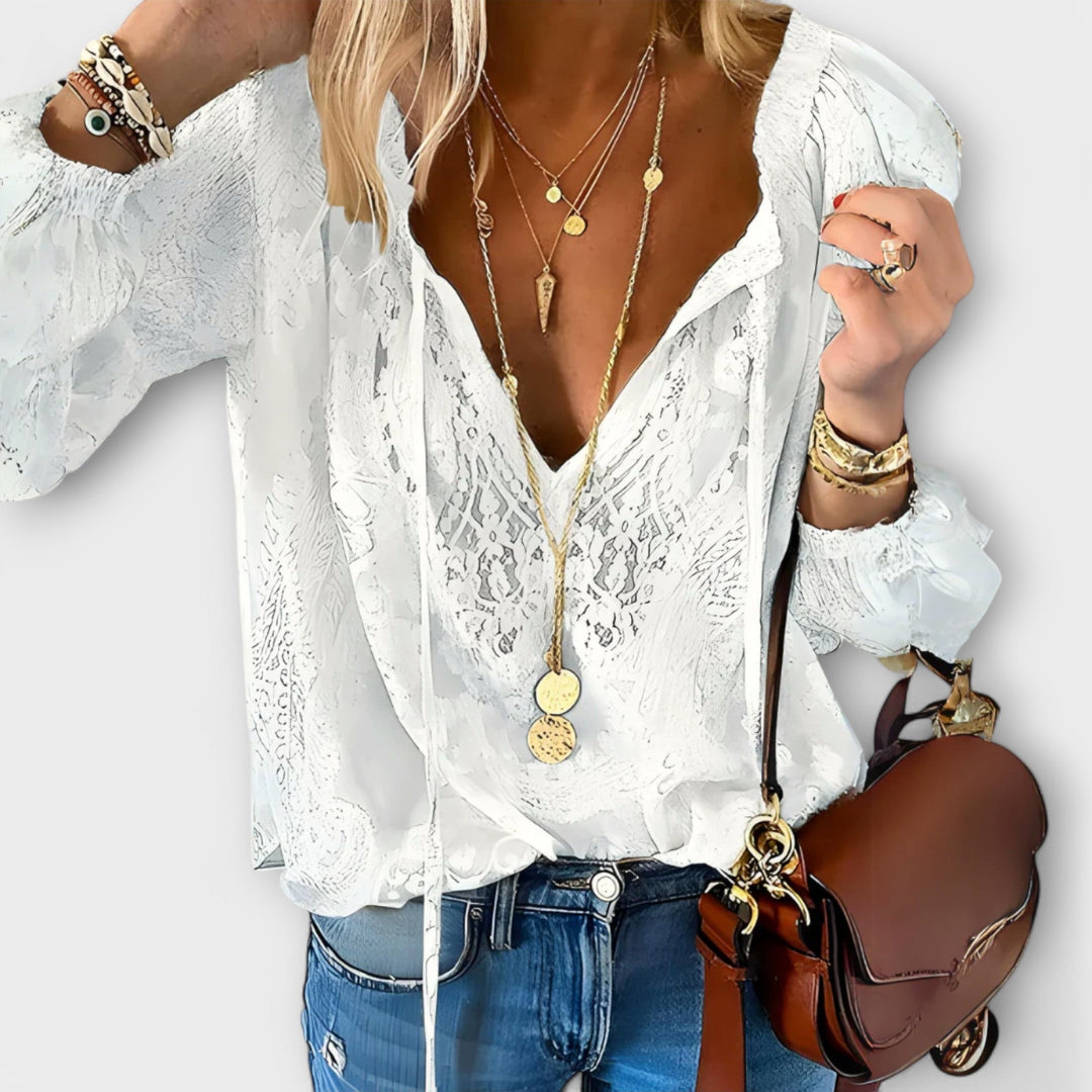 Sandra | Women's Lace Overlay Blouse V-Neck Tie Front