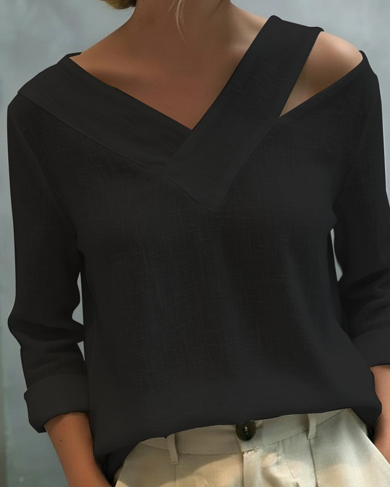 Lola | Women's Asymmetric V-Neck Long Sleeve Linen Look Top