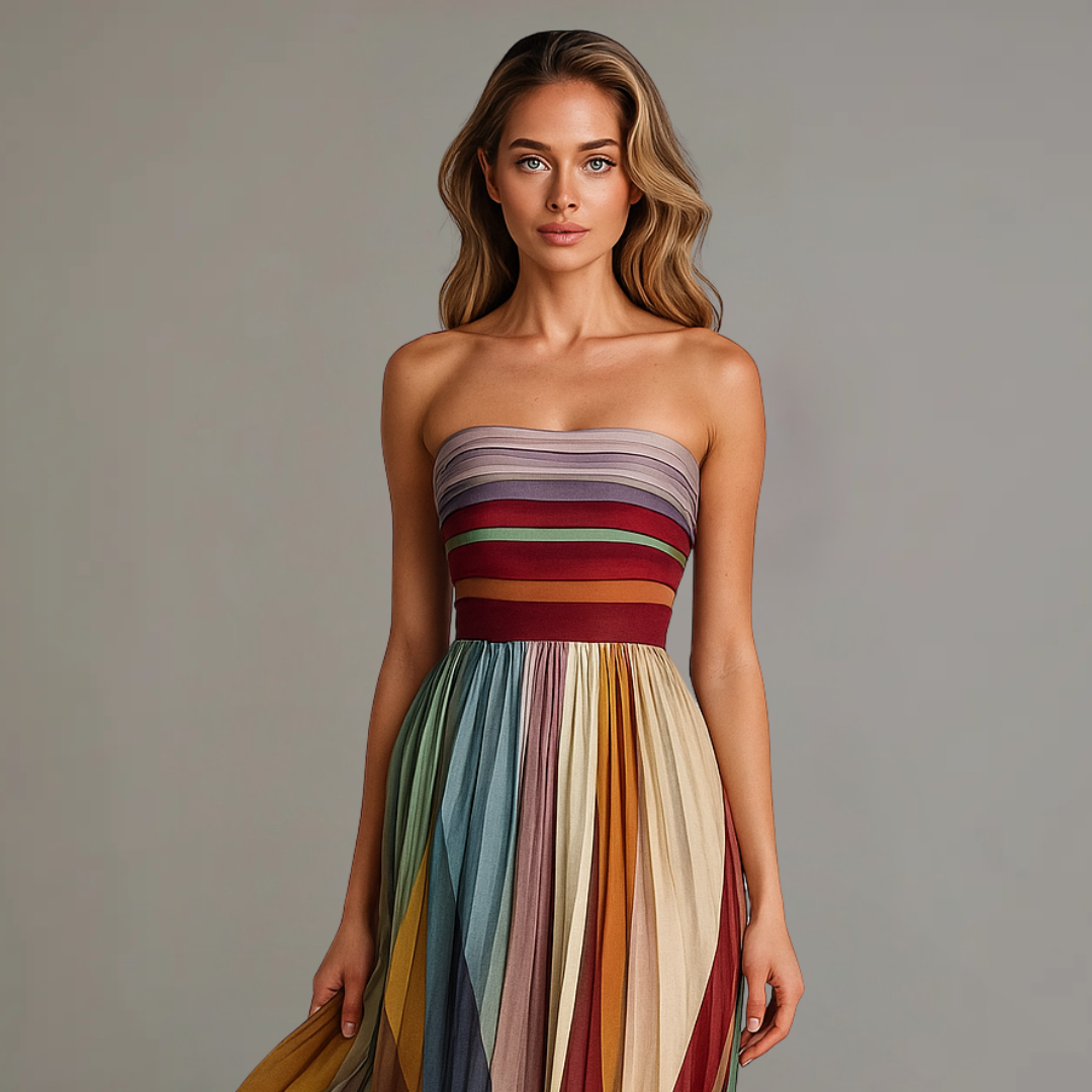 June | Women's Strapless Colorful Pleated Summer Maxi Dress Strapless
