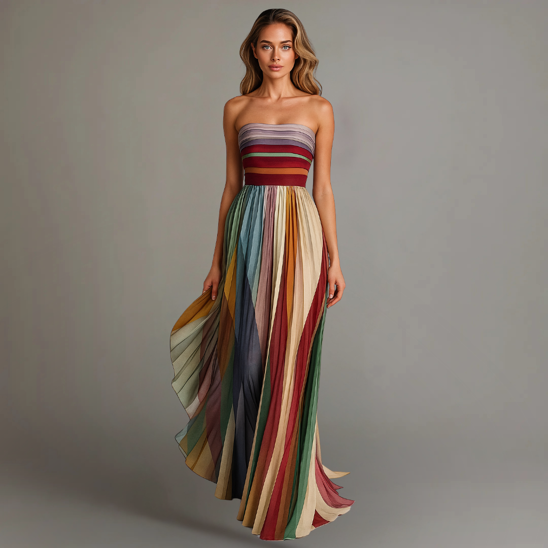 June | Women's Strapless Colorful Pleated Summer Maxi Dress Strapless