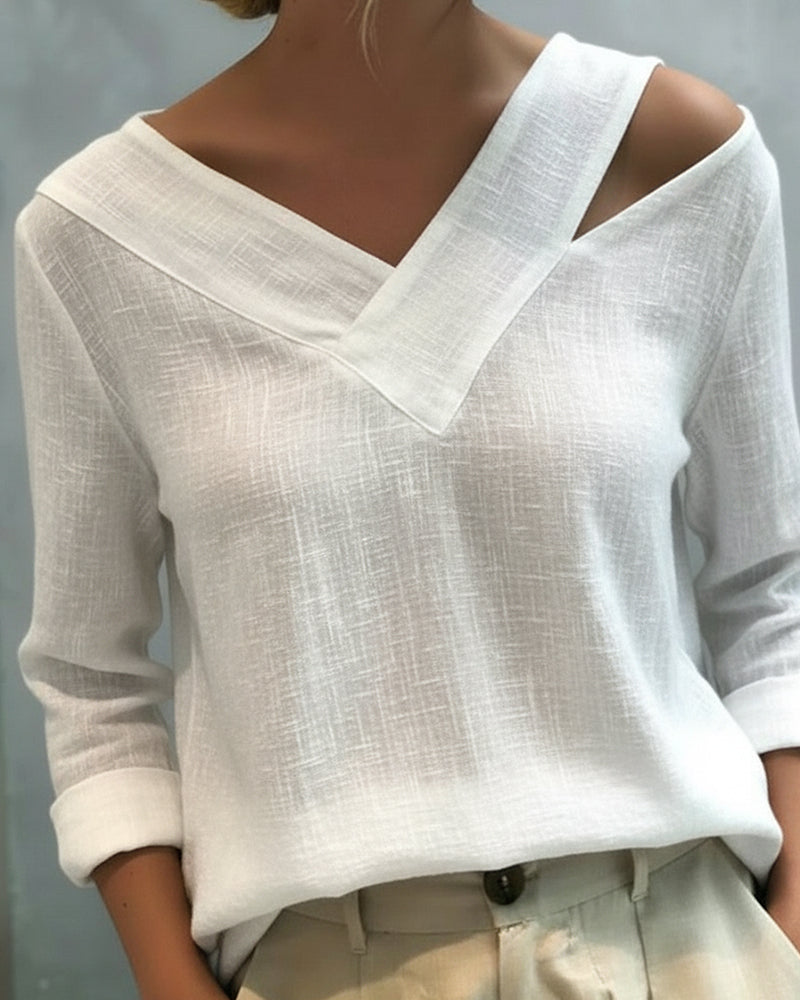 Lola | Women's Asymmetric V-Neck Long Sleeve Linen Look Top