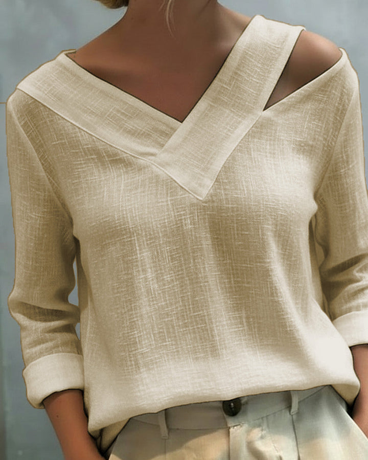Lola | Women's Asymmetric V-Neck Long Sleeve Linen Look Top