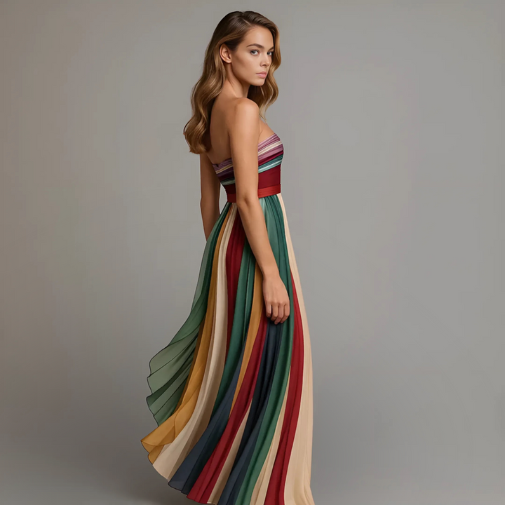 June | Women's Strapless Colorful Pleated Summer Maxi Dress Strapless