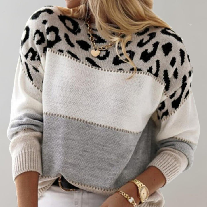 Violett | Women’s soft knitted jumper with colour-blocking and leopard print