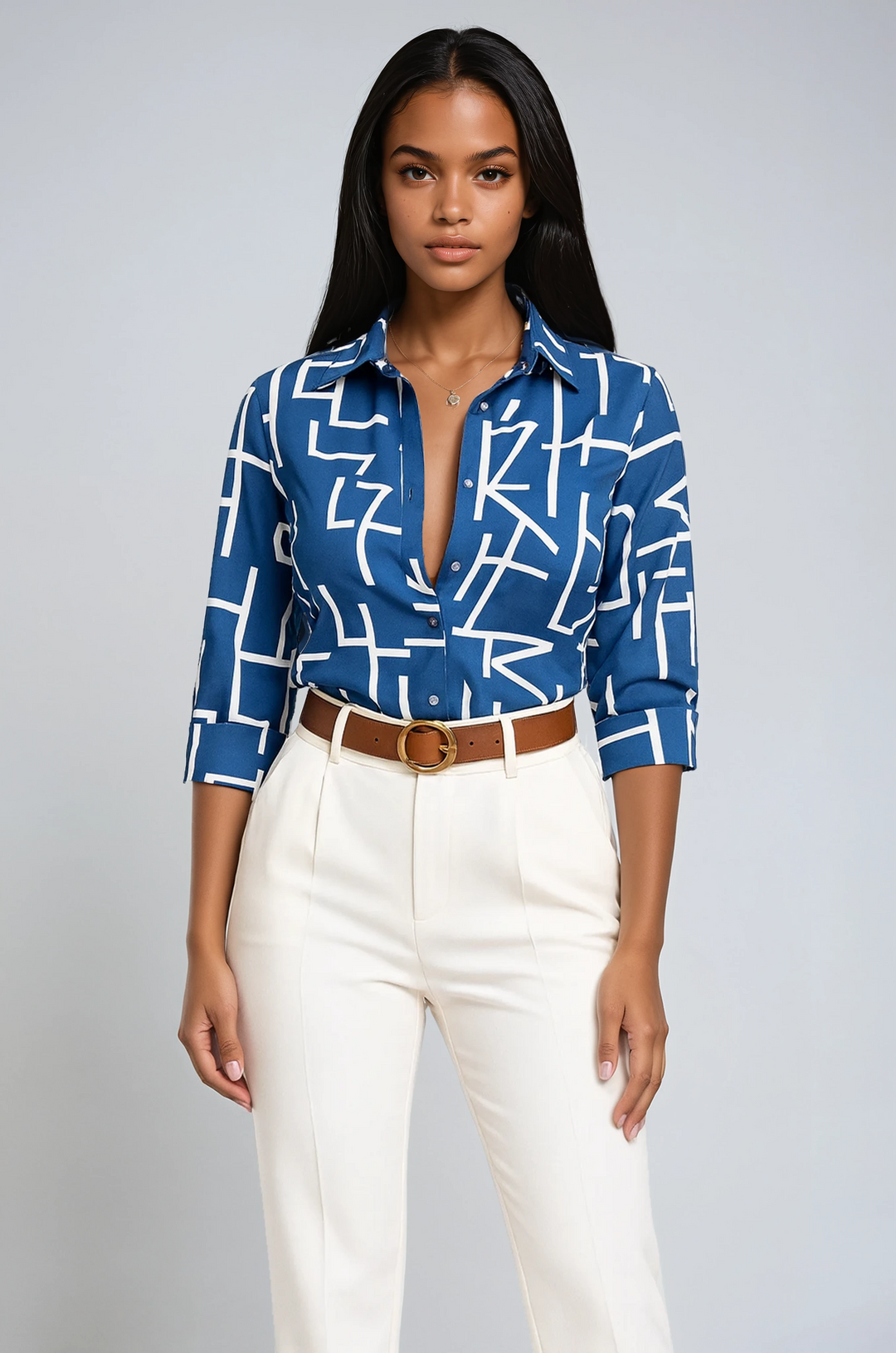 Selena | Blue Geometric Button-Up Blouse