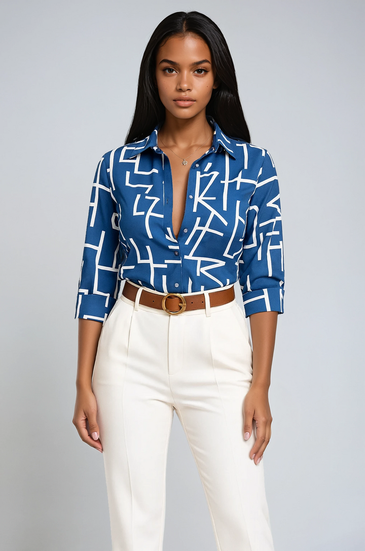 Selena | Blue Geometric Button-Up Blouse