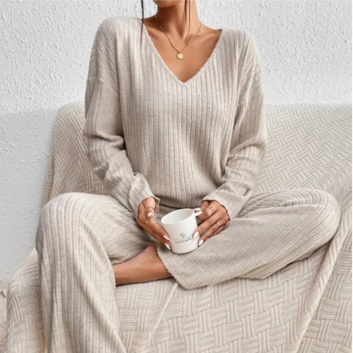 Elodie | Ribbed Knit V-Neck Jumper & Trouser Set