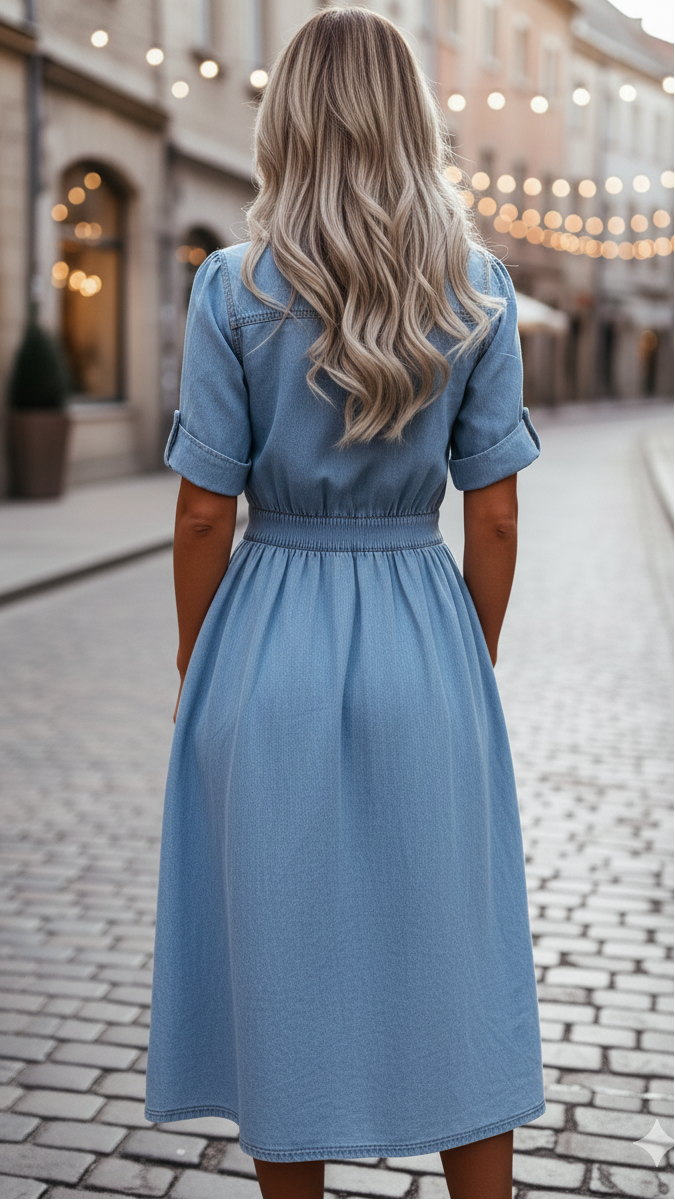 Celine | Belted Denim Midi Shirt Dress