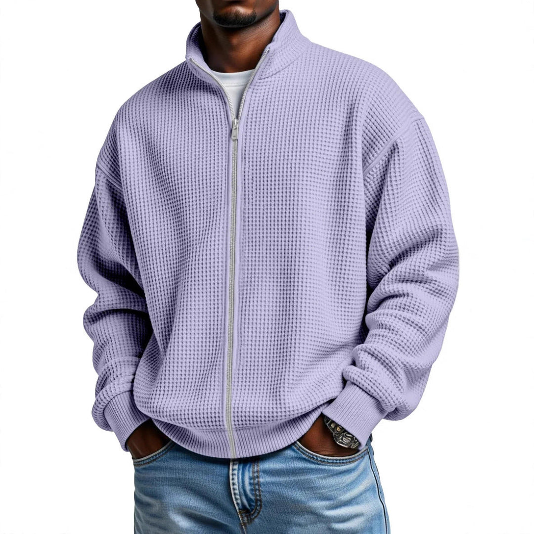 Men's Waffle Knit Jacket Stand Collar Zip Front