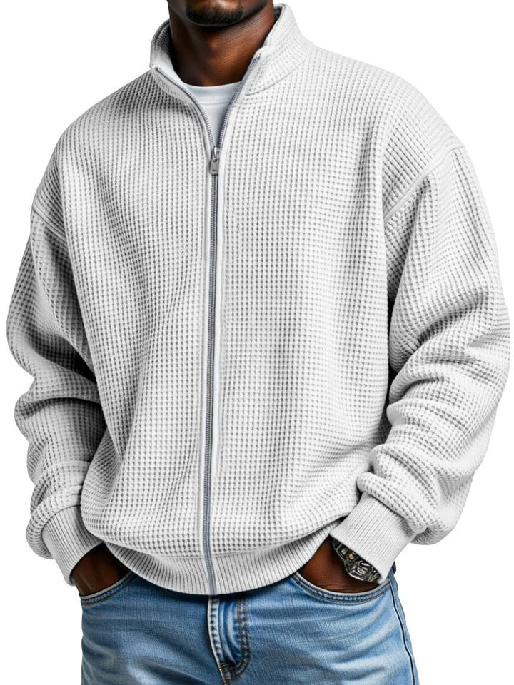 Men's Waffle Knit Jacket Stand Collar Zip Front