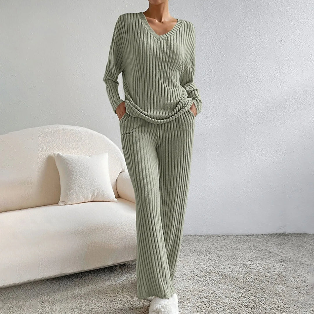 Elodie | Ribbed Knit V-Neck Jumper & Trouser Set