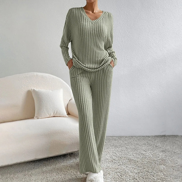 Elodie | Ribbed Knit V-Neck Jumper & Trouser Set