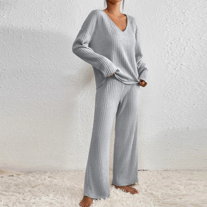 Elodie | Ribbed Knit V-Neck Jumper & Trouser Set