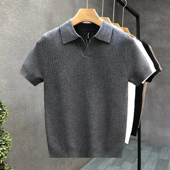 Men's Knit Polo Open Collar Short Sleeve Ribbed Trim Relaxed Fit