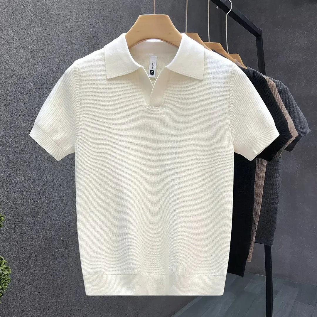 Men's Knit Polo Open Collar Short Sleeve Ribbed Trim Relaxed Fit
