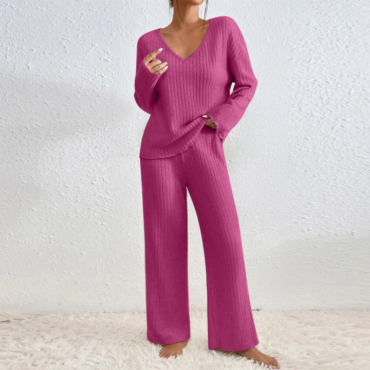 Elodie | Ribbed Knit V-Neck Jumper & Trouser Set