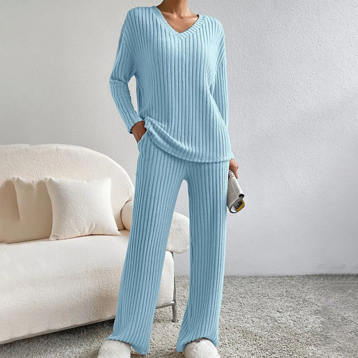 Elodie | Ribbed Knit V-Neck Jumper & Trouser Set