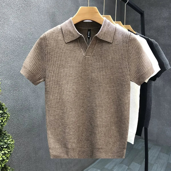 Men's Knit Polo Open Collar Short Sleeve Ribbed Trim Relaxed Fit