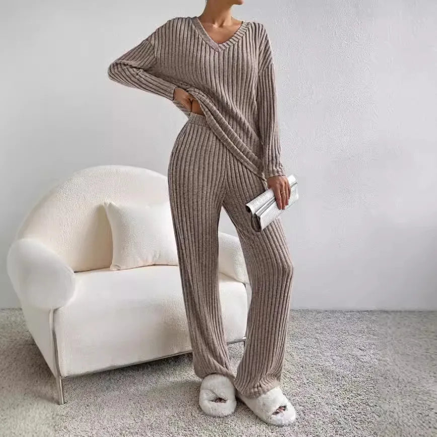 Elodie | Ribbed Knit V-Neck Jumper & Trouser Set
