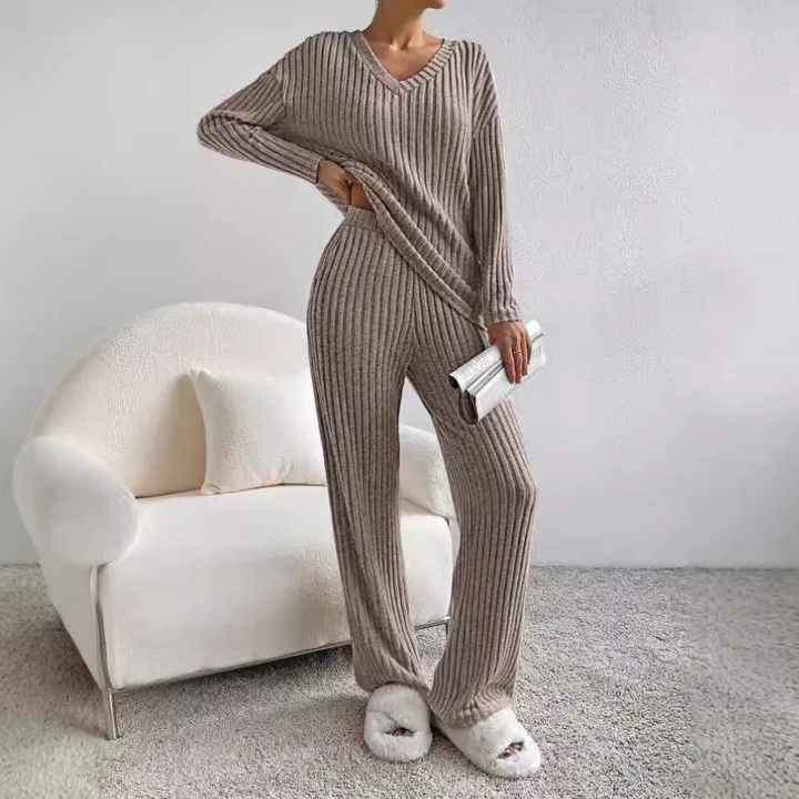 Elodie | Ribbed Knit V-Neck Jumper & Trouser Set