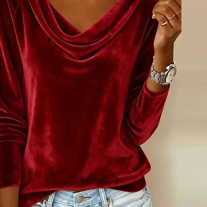 Celeste | Velvet Drape-Neck Long-Sleeve Top