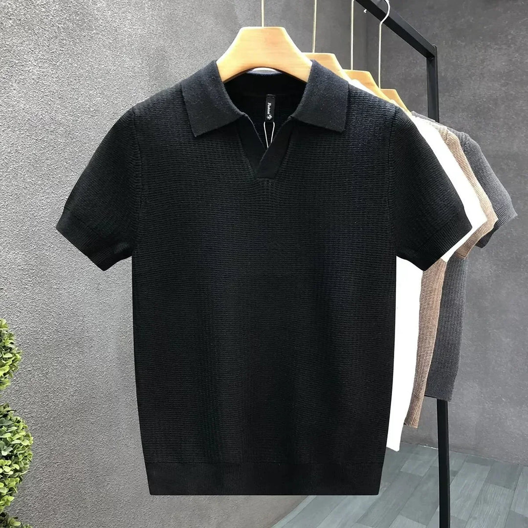 Men's Knit Polo Open Collar Short Sleeve Ribbed Trim Relaxed Fit