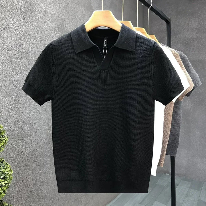 Men's Knit Polo Open Collar Short Sleeve Ribbed Trim Relaxed Fit
