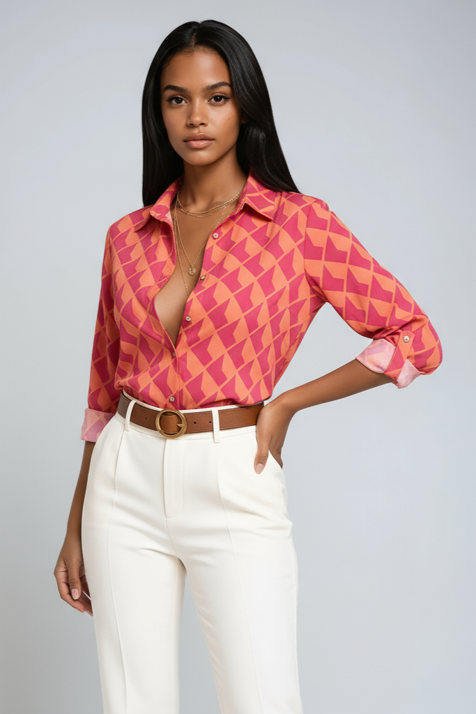 Selena | Blue Geometric Button-Up Blouse