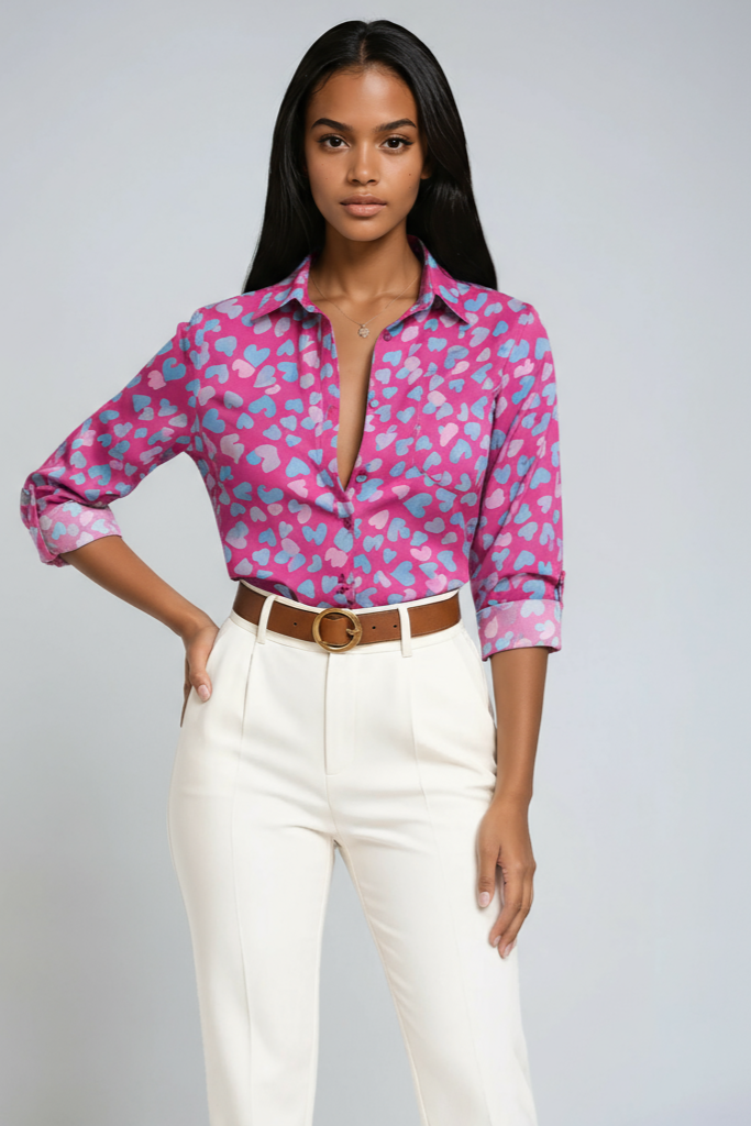 Selena | Blue Geometric Button-Up Blouse