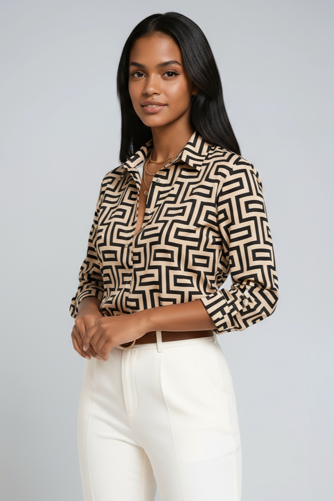 Selena | Blue Geometric Button-Up Blouse