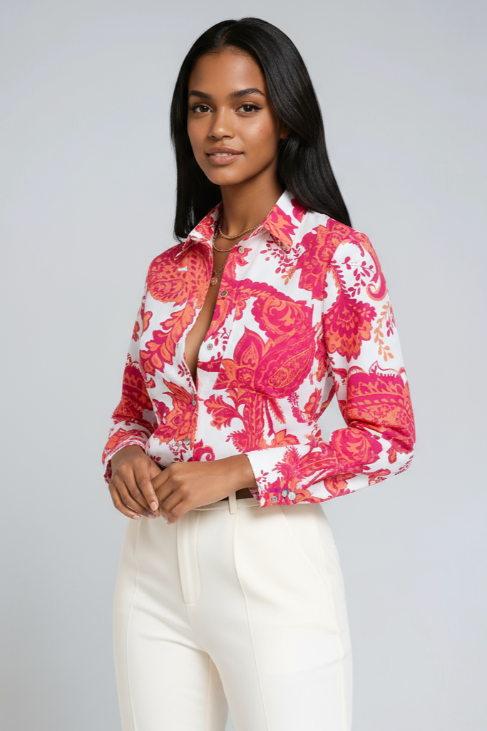 Selena | Blue Geometric Button-Up Blouse