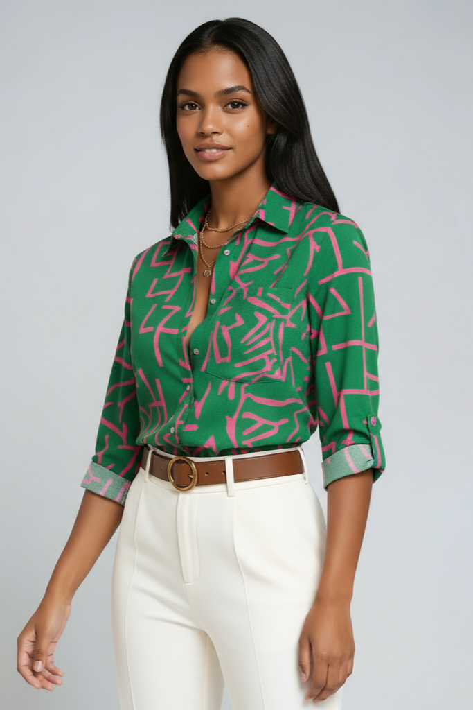 Selena | Blue Geometric Button-Up Blouse