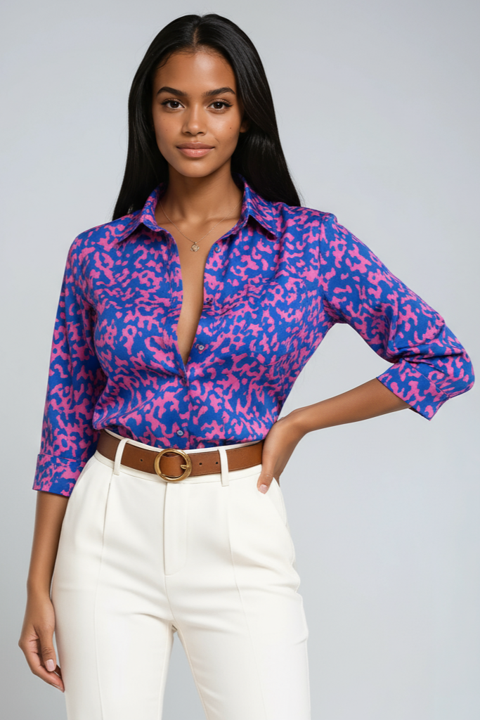 Selena | Blue Geometric Button-Up Blouse