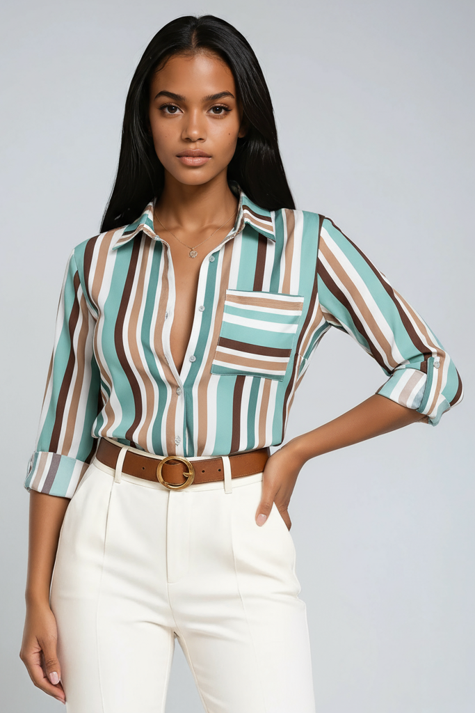 Selena | Blue Geometric Button-Up Blouse