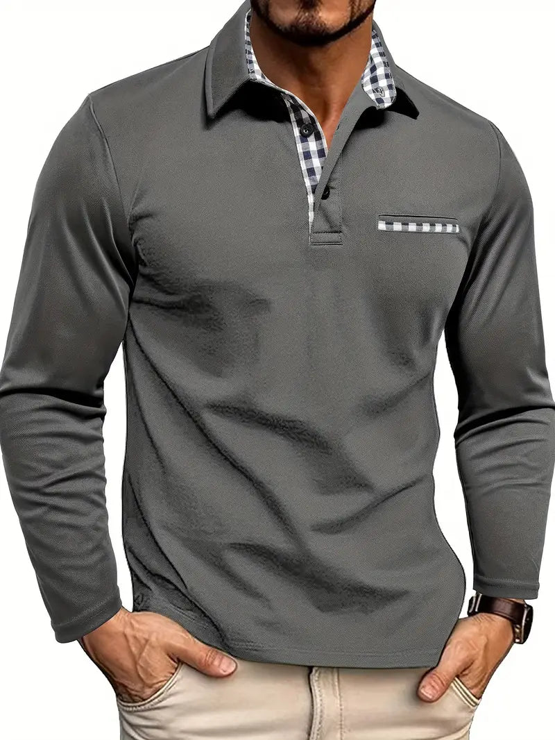 Hadley | Men’s Checked-Accent Long-Sleeve Polo Shirt