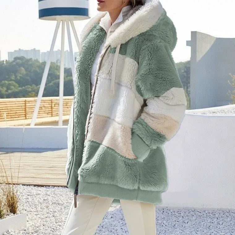 Edie | Women's Oversized Striped Hooded Faux Fur Jacket