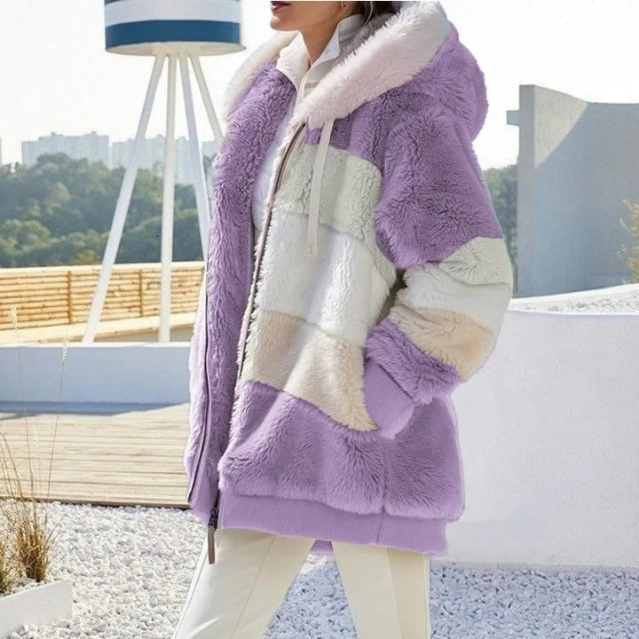 Edie | Women's Oversized Striped Hooded Faux Fur Jacket