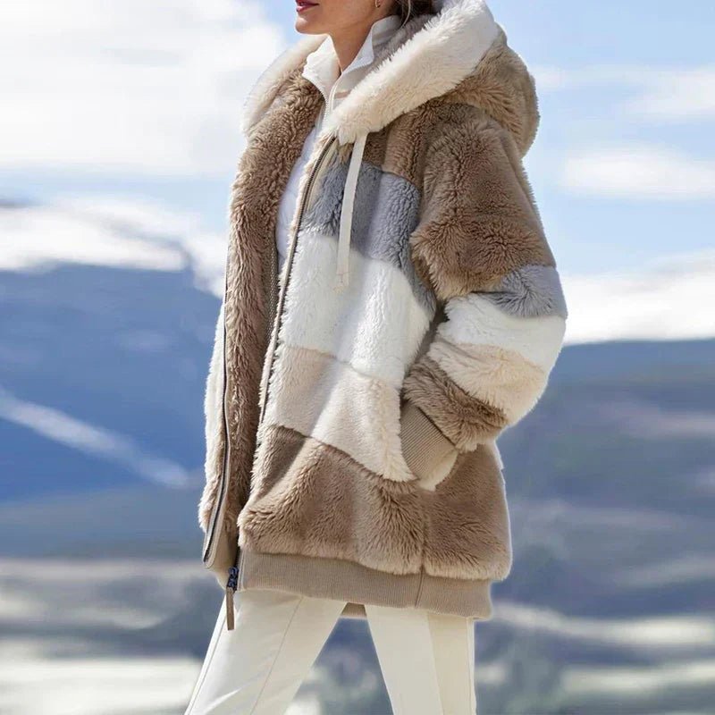 Edie | Women's Oversized Striped Hooded Faux Fur Jacket