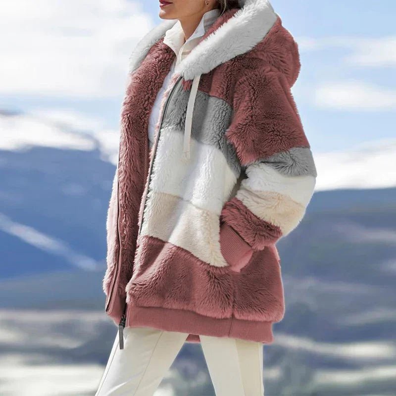 Edie | Women's Oversized Striped Hooded Faux Fur Jacket