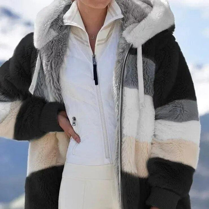 Edie | Women's Oversized Striped Hooded Faux Fur Jacket